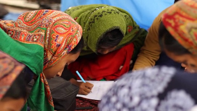 在印度一所乡村学校里，男孩和女孩坐在一起学习。视频下载