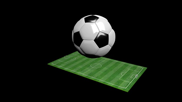 4K 3D动画足球绿地和球旋转与阿尔法matte视频素材
