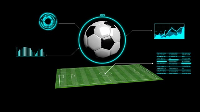 4K 3D动画足球绿地与图形和hud和阿尔法matte技术元素视频素材