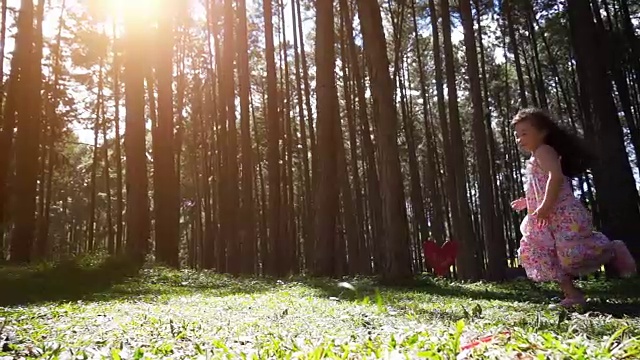小女孩在松树林中奔跑，慢镜头拍摄视频下载