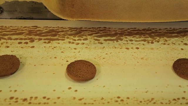 燕麦饼干沿着传送带移动。视频素材
