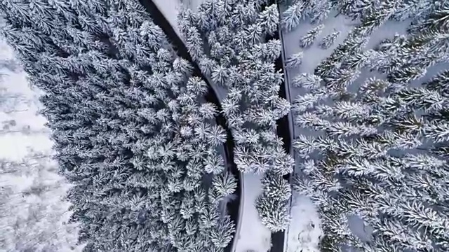 空中鸟瞰图上的发夹弯转弯公路在山区积雪覆盖的冬季森林。白松树林。雪街道道路建立。全高清无人机飞行直线下降建立视频素材