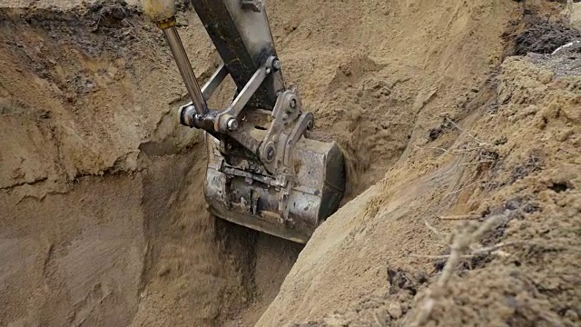 封闭式履带式挖掘机铲斗在森林施工区域挖掘地面视频下载