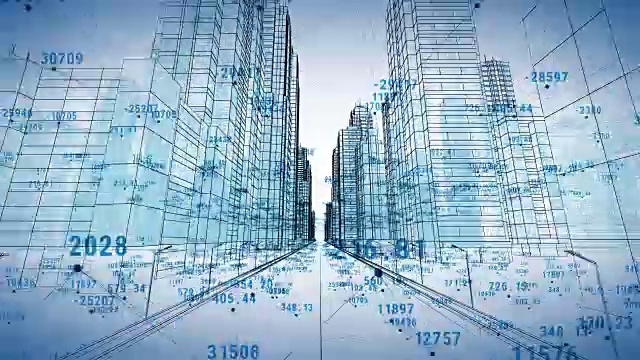 数字与网格的抽象数字城市。穿越3d蓝图。商业和技术概念。蓝色3d动画。视频下载