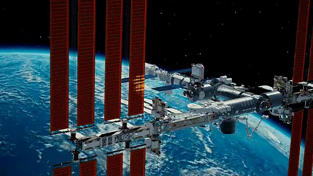 国际空间站围绕地球大气层旋转。环绕地球的空间站。3D动画。视频素材