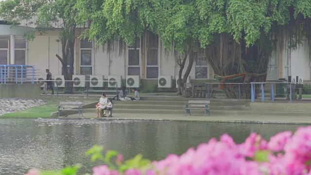 泰国春武里- 2018年1月16日:母亲和女儿在公园的池塘里放松和喂食鸽子和鱼视频下载