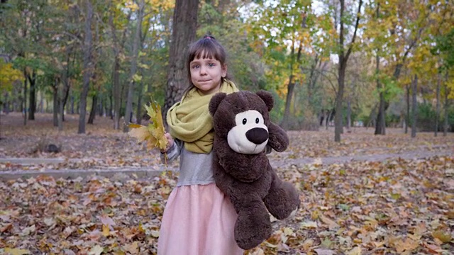 小女孩带着泰迪熊和黄叶在秋天的公园里散步，在户外玩玩具视频素材