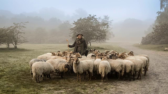 一个牧羊女和一群羊在雾蒙蒙的日出在树林里的肖像视频素材