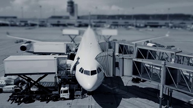 机场车辆和工人在机场给一架停机坪加油的时间间隔视频素材