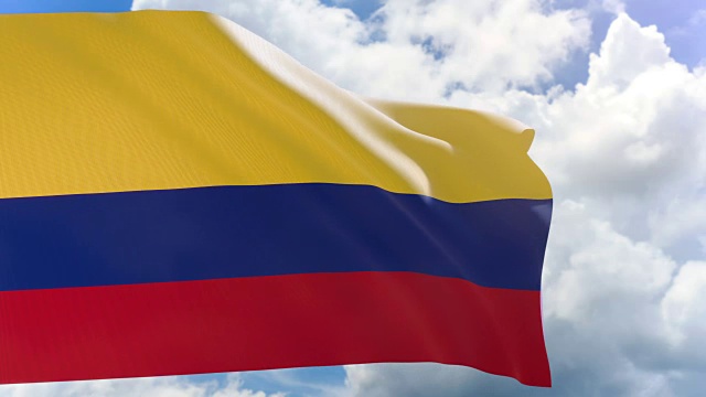 哥伦比亚国旗挥舞的3D渲染与阿尔法通道蓝天背景视频下载