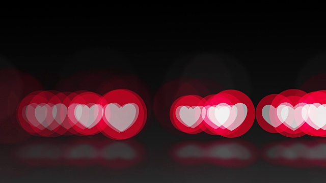 运动背景，一组白、红、粉一般的facebook风格的爱的情感图标和模糊的散景地板反射。视频购买