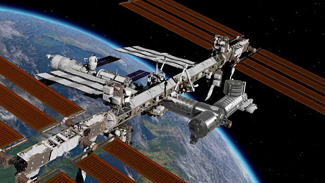 国际空间站围绕地球大气层旋转。环绕地球的空间站。3D动画。视频素材
