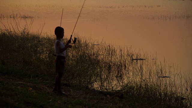 4K:父亲和儿子在日落钓鱼视频素材