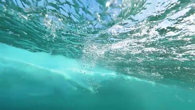 水下慢动作:极端的冲浪者在清澈的水中骑桶波。视频素材