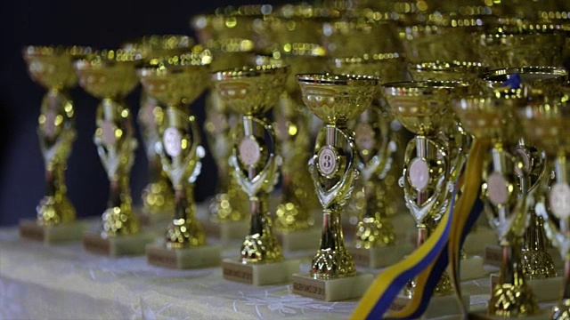 乌克兰橄榄球杯决赛金牌和银牌。运动奖牌花束，橄榄球冠军杯视频下载