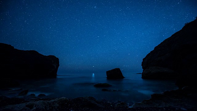 延时。星星在多岩石的海岸上空划过视频下载