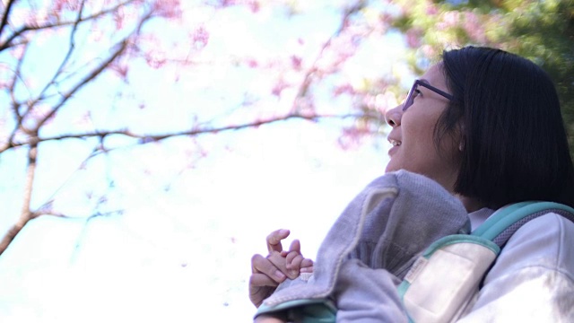 SLO MO亚洲女人在樱花下玩她的孩子视频素材