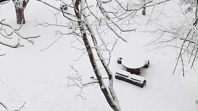 在一个冬天的公园里，雪下的小木桌，树被雪覆盖。前视图。视频素材