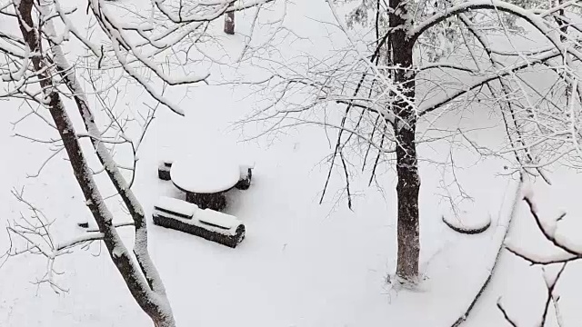 在一个冬天的公园里，雪下的小木桌，树被雪覆盖。前视图。视频素材