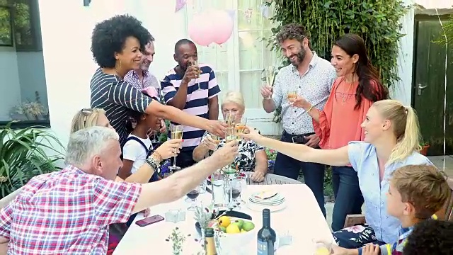 多代同堂的家庭在花园生日聚会上用香槟酒杯为祖母祝酒视频下载