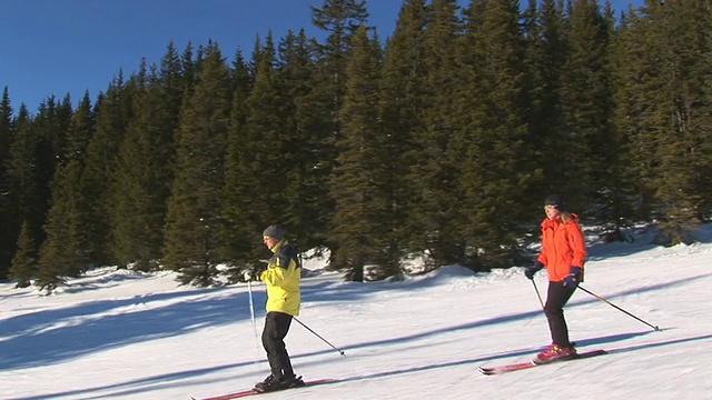 两个滑雪者在平坦的斜坡上摇摆视频素材