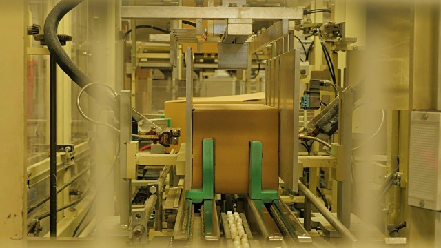 在米厂的传送带上折叠纸箱- 4K视频素材