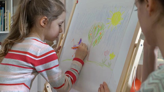 小女儿和她的妈妈正在用彩色铅笔画画视频素材