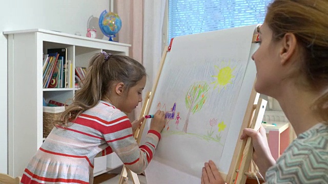 小女儿和她的妈妈正在用彩色铅笔画画视频素材