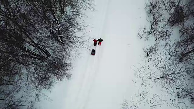 4K鸟瞰图家庭雪鞋户外行走在冬天视频素材