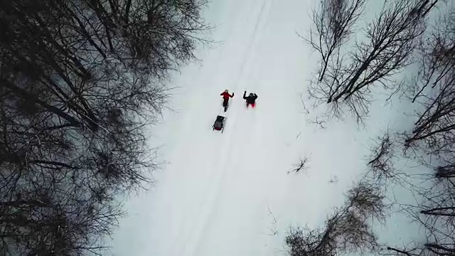 4K鸟瞰图家庭雪鞋户外行走在冬天视频素材