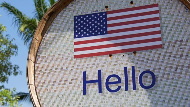 美丽的标志与美国国旗和题词你好英语。用“你好”签名视频素材