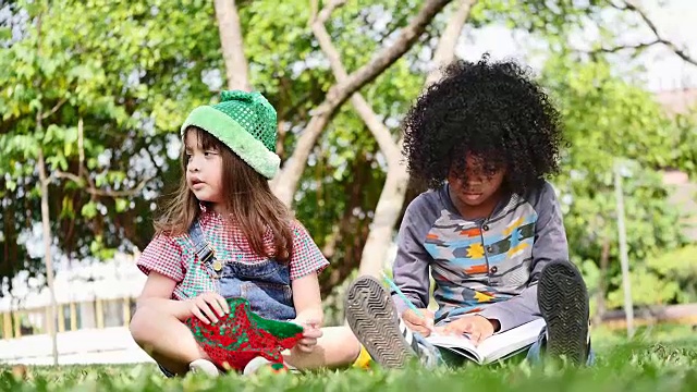 孩子们坐在公园的绿草地上一起玩耍视频下载