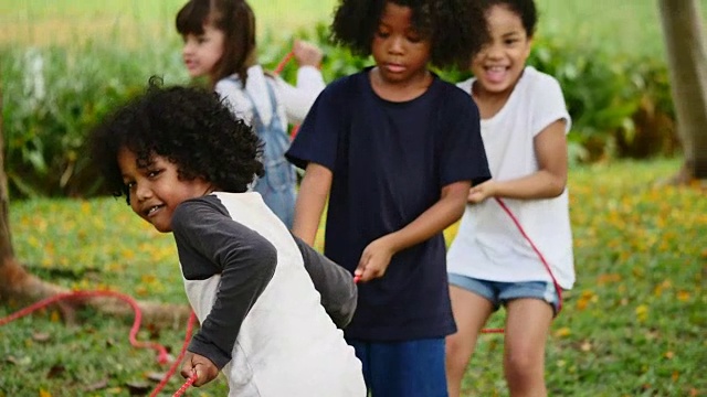 一群快乐的孩子在公园里玩拔河视频素材
