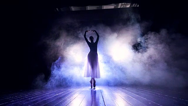 芭蕾舞演员在烟雾中在舞台上跳舞视频素材