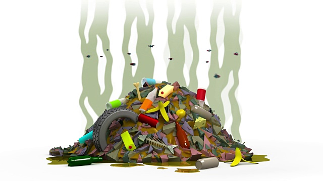 满是苍蝇的垃圾堆。3D动画卡通风格。Alpha通道,loopable。视频下载