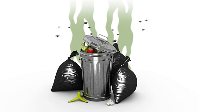 有臭味的垃圾桶和垃圾袋在禁止标志。3D动画卡通风格。视频下载