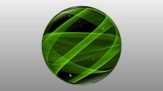 绿色纹理的黑色玻璃球与小白光旋转在灰色梯度背景。抽象的动画视频素材