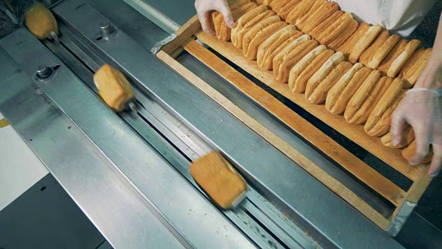面包师正在把松脆饼放在传送带上。视频素材