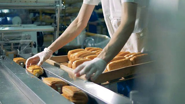 戴着防护手套的工人把刚烤好的面包卷放在传送带上。视频素材