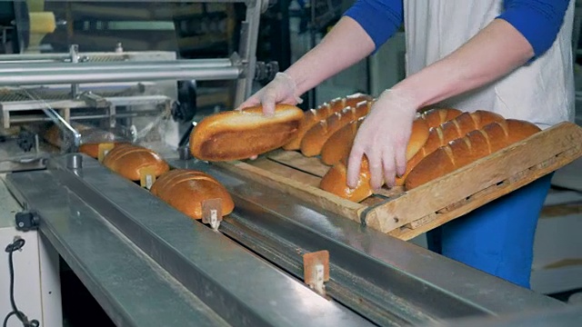 长面包被放在传送带上包装。视频素材