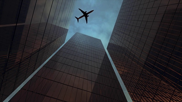飞机在金融区上空飞过视频素材