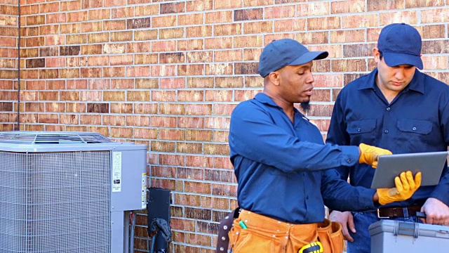 拉丁裔和非裔美国蓝领工人在后院修理空调视频下载