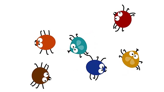 有趣的彩色昆虫爬行在白色，2d动画，无缝循环视频素材