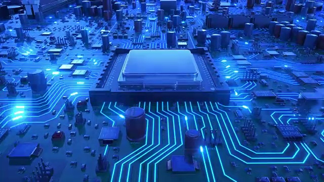 飞越主板和处理器与蓝色信号。循环的3d动画电路板和CPU与蓝色耀斑。技术与数字概念。视频下载