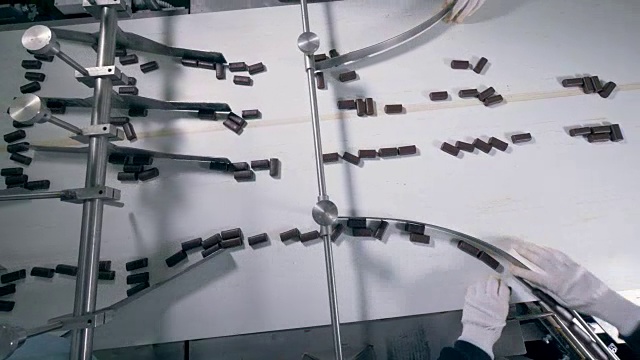 大量的巧克力糖果正沿着传送带被分类视频下载