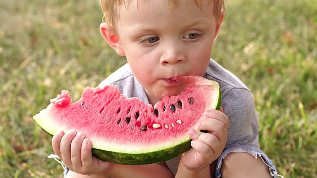 快乐的小男孩在公园里吃西瓜。视频素材