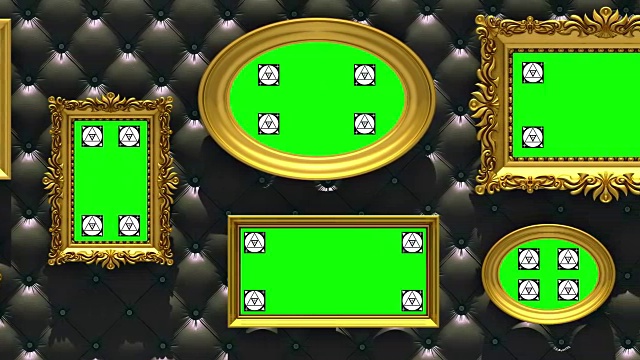 图片画廊3d动画。金色画框在豪华的黑色内饰背景。镜头沿墙移动，无缝循环。运动跟踪标记和绿色屏幕包括。视频下载