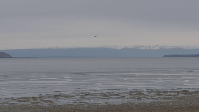 一架飞机在安克雷奇海岸上空飞行的广角镜头视频素材