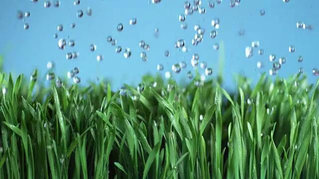 水以超慢的动作落到绿色的草地上视频素材