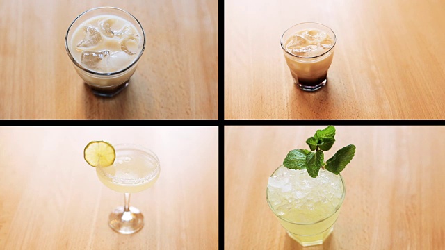 四种美味的新鲜饮料的蒙太奇背景视频素材